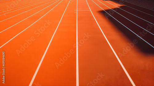 Orange running tracks with thick white lines, lanes for sprinting during a world championship competition to determine a winner. Summer outdoors stadium, tournament event concept, textured surface © Nemanja