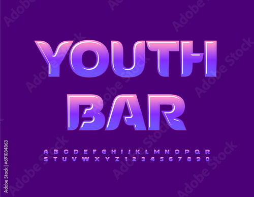 Vector trendy sign Youth Bar. Modern glossy Font. Stylish Violet Alphabet Letters and Numbers.