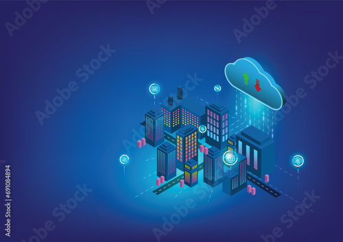Smart Home with smart services and icons, transfer data, chat, maintenance, navigator, mail, devices with online. Generative AI Cloud technology on isometric blue background. Vector illustrator.