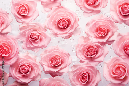 Pink Roses in Water on a White Background, Spa and Cosmetic Concept Background, Top view, Generative AI