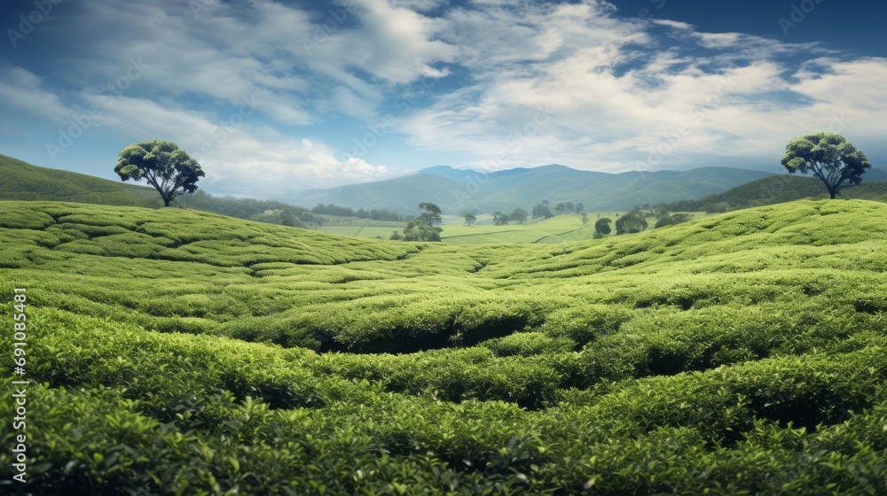 Landscape with green fields on a clear sunny day.