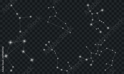 Set of six zodiac signs. A collection of six zodiac signs consisting of shining stars on a dark checkered background. Challenges: Cancer, Leo, Virgo, Libra, Scorpio, Sagittarius.
