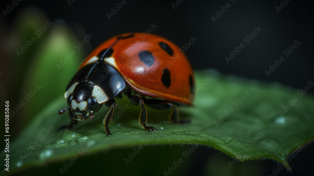 red ladybug on green grass. selective focus. Generative AI,