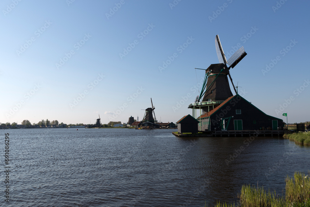 Netherlands windmills Zaanse Schans on a sunny autumn day