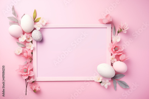 easter eggs and flowers on a pink background