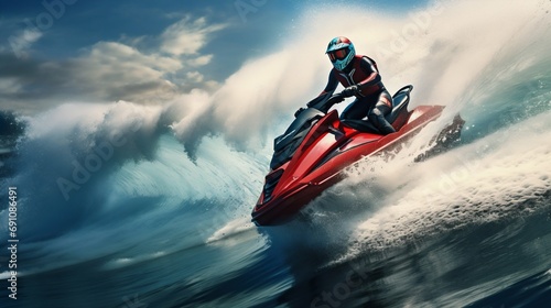 Adrenaline-Fueled Jet Ski Ride on Turquoise Waves. Generative ai © Scrudje