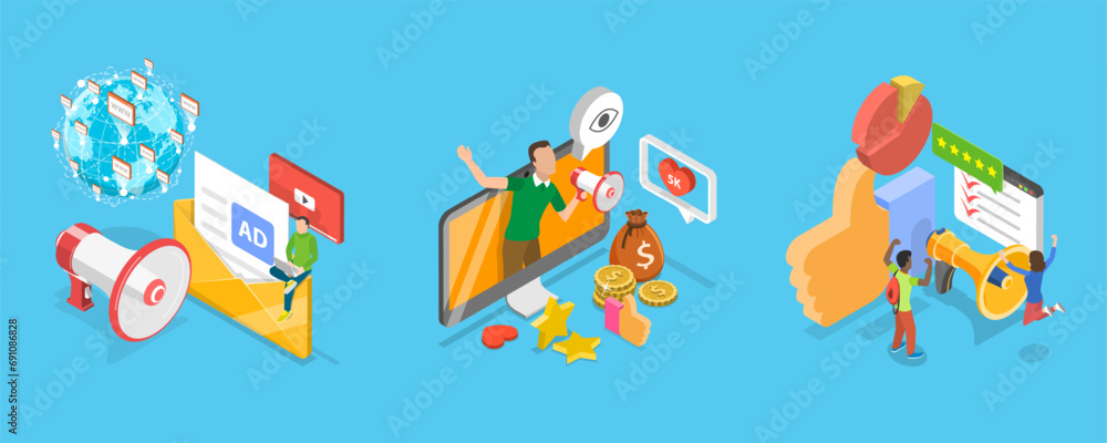 3D Isometric Flat Vector Illustration of Positive PR, Public Relations Strategies 3D Isometric Flat Vector Illustration of Positive PR, Public Relations Strategies
