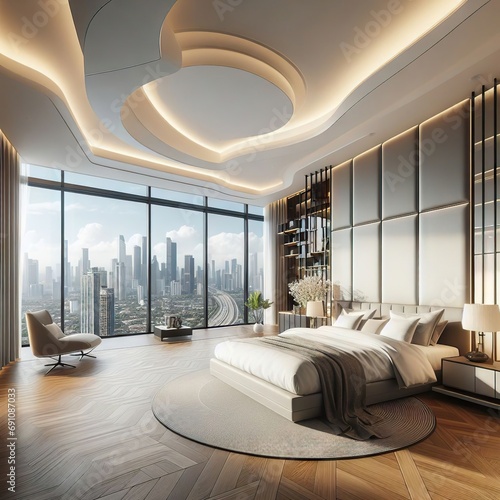 Modern and luxurious bedroom with white ceiling and wood parquet flooring with views of BGC skyline. Upscale condo or Hotel accommodation in Metro Manila