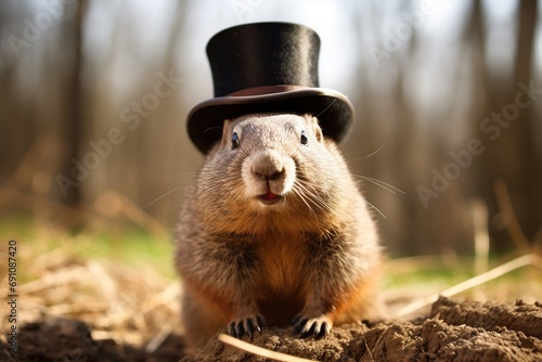 A funny marmot in a hat peeks out of a mink in spring. Groundhog Day.