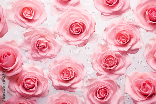 Pink Roses in Water on a White Background, Spa and Cosmetic Concept Background, Top view, Generative AI