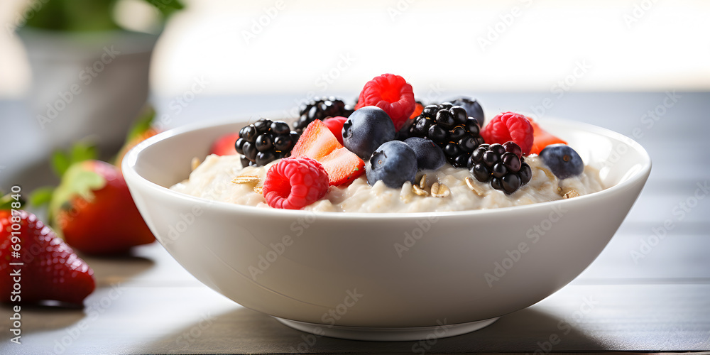 Breakfast oatmeal porridge with fresh berries in a white bowl on a table, blurry background Breakfast oatmeal porridge with fresh berries in a white bowl on a table, blurry background