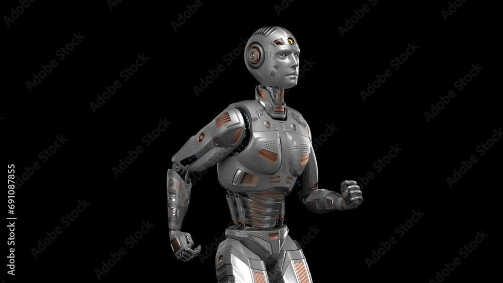 Futuristic robot man run cycle or humanoid cyborg running in loop. 3d rendering animation of the upper body. Front side view isolated on black background with alpha Futuristic robot man run cycle or humanoid cyborg running in loop. 3d rendering animation of the upper body. Front side view isolated on black background with alpha