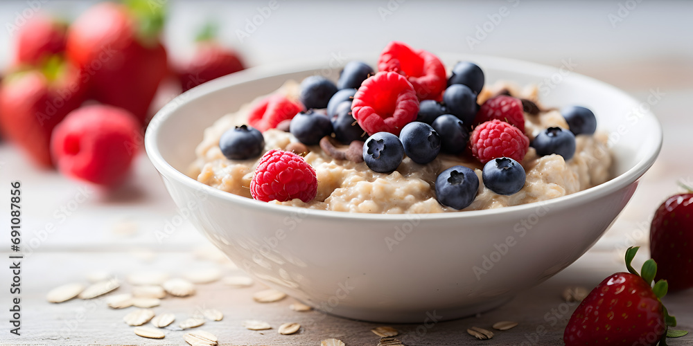 Breakfast oatmeal porridge with fresh berries in a white bowl on a table, blurry background Breakfast oatmeal porridge with fresh berries in a white bowl on a table, blurry background