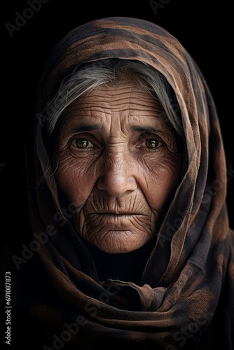 A portrait of a gorgeous beautiful cute afghan caucasian old woman grandmother in a dark place with shiny beautiful eyes looking at camera, generated by AI.