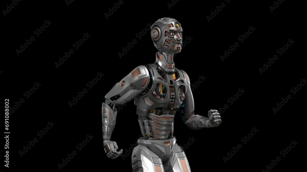 Futuristic robot man run cycle or humanoid cyborg running in loop. 3d rendering animation of the upper body. Front side view isolated on black background with alpha Futuristic robot man run cycle or humanoid cyborg running in loop. 3d rendering animation of the upper body. Front side view isolated on black background with alpha
