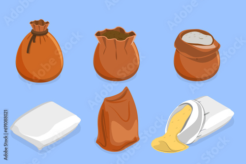 3D Isometric Flat Vector Set of Sacks Full of Grains, Agricultural Products photo