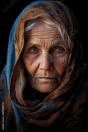 A portrait of a gorgeous beautiful cute afghan caucasian old woman grandmother in a dark place with shiny beautiful eyes looking at camera, generated by AI.