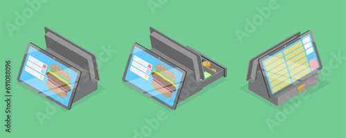 3D Isometric Flat Vector Illustration of Fast Food Checkout Terminal, Cash Register Computer