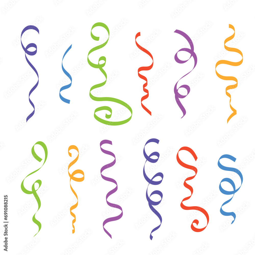 Set of colorful confetti. Popping ribbon confetti. Simple flat style vector illustration isolated on white background Set of colorful confetti. Popping ribbon confetti. Simple flat style vector illustration isolated on white background