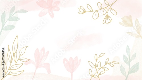 Abstract art botanical watercolor background with gold leaves line art