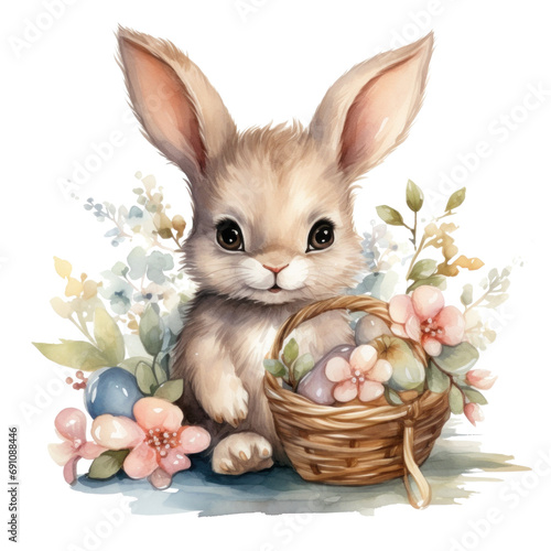 cute watercolor easter bunny with basket of flowers and colorful easter eggs ...