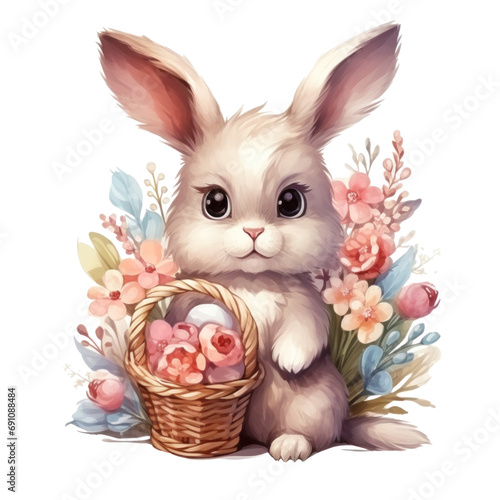 cute watercolor easter bunny with basket of flowers and colorful easter eggs ...