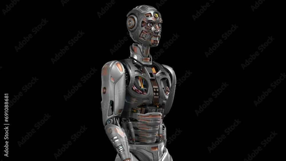 Futuristic robot man walk cycle or humanoid cyborg walking in loop. 3d rendering animation of the upper body. Front side view isolated on black background with alpha Futuristic robot man walk cycle or humanoid cyborg walking in loop. 3d rendering animation of the upper body. Front side view isolated on black background with alpha