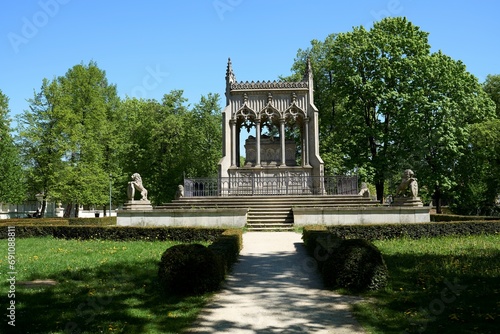 Route to Potocki mausoleum in park at Wilanow in Warsaw city, Poland photo