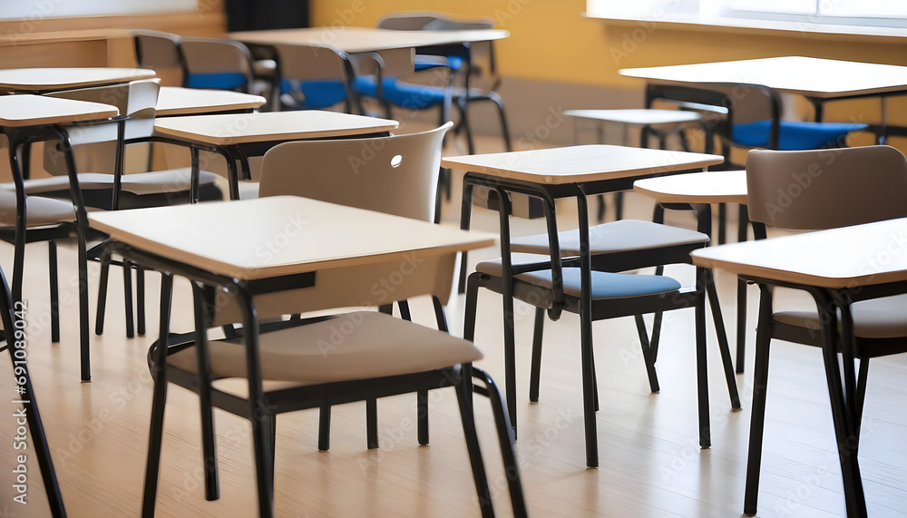 Closeup view of some empty chairs and tables in a classroom in a school seminar or conference room, selective focus