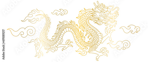 Chinese New Year 2024 vector. Chinese dragon, line drawing gold modern pattern. Dragon head for card design print media. China lunar calendar animal. Vector EPS 10.