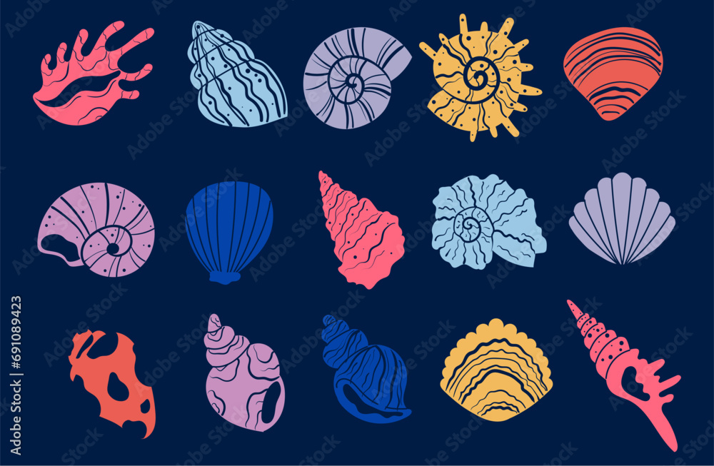Shell sea starfish seashell mollusk isolated set concept. Vector graphic design illustration Shell sea starfish seashell mollusk isolated set concept. Vector graphic design illustration