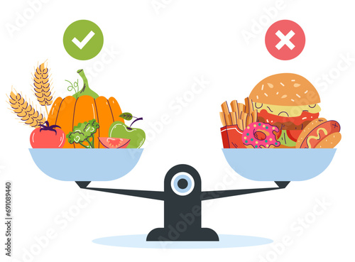 Choice between healthy and unhealthy food concept. Vector design graphic illustration photo