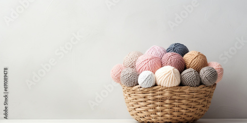 basket with balls of yarn for knitting, crocheting on a white background. handicrafts, hobbies.	 photo