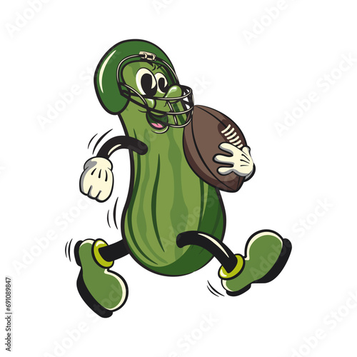 vintage character mascot illustration of a cucumber playing American football by running wearing a helmet and carrying an oval ball