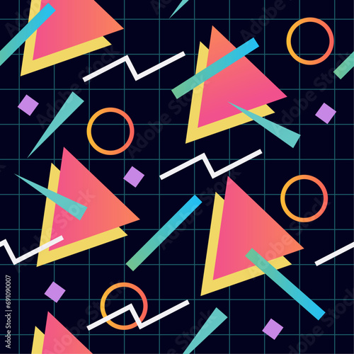 90's seamless pattern with grid and geometric shapes. Rectangles, circles and squares. 80's aesthetic. Retro graphic design for backgrounds, posters, flyers. Vintage style illustration.