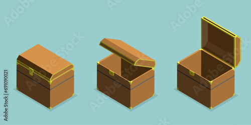 3D Isometric Flat Vector Set of Chests, Empty Treasure Boxes