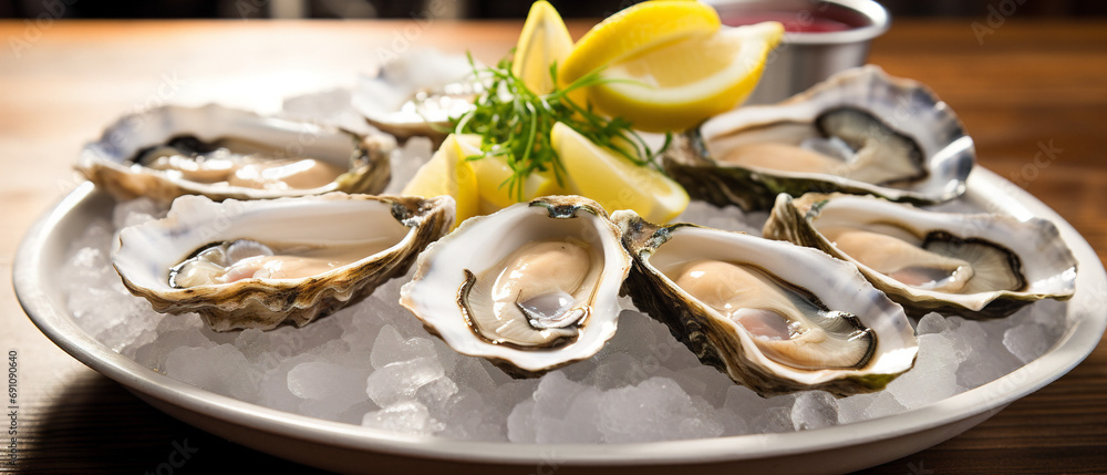 Freshly shucked oysters arranged on an ice bed, ready to be enjoyed. Freshly shucked oysters arranged on an ice bed, ready to be enjoyed.