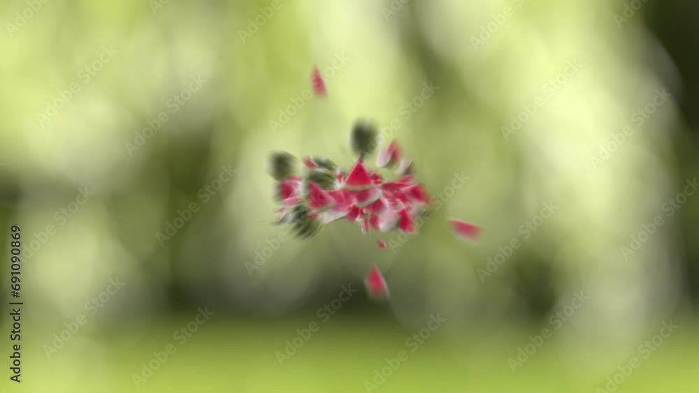 Burst of Watermelon and Watermelon Slices in Garden Green Nature Background Burst of Watermelon and Watermelon Slices in Garden Green Nature Background