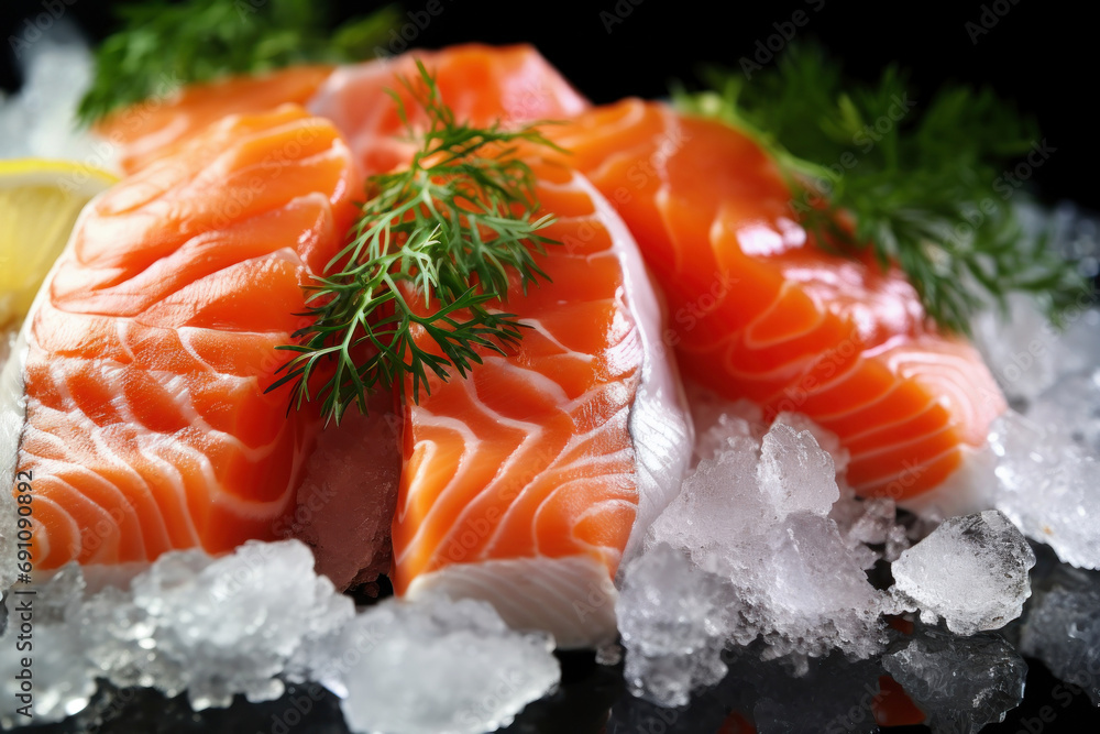 Fresh salmon or trout fish fillet on ice, ready for cooking. Storing fresh chilled fish. Close-up.