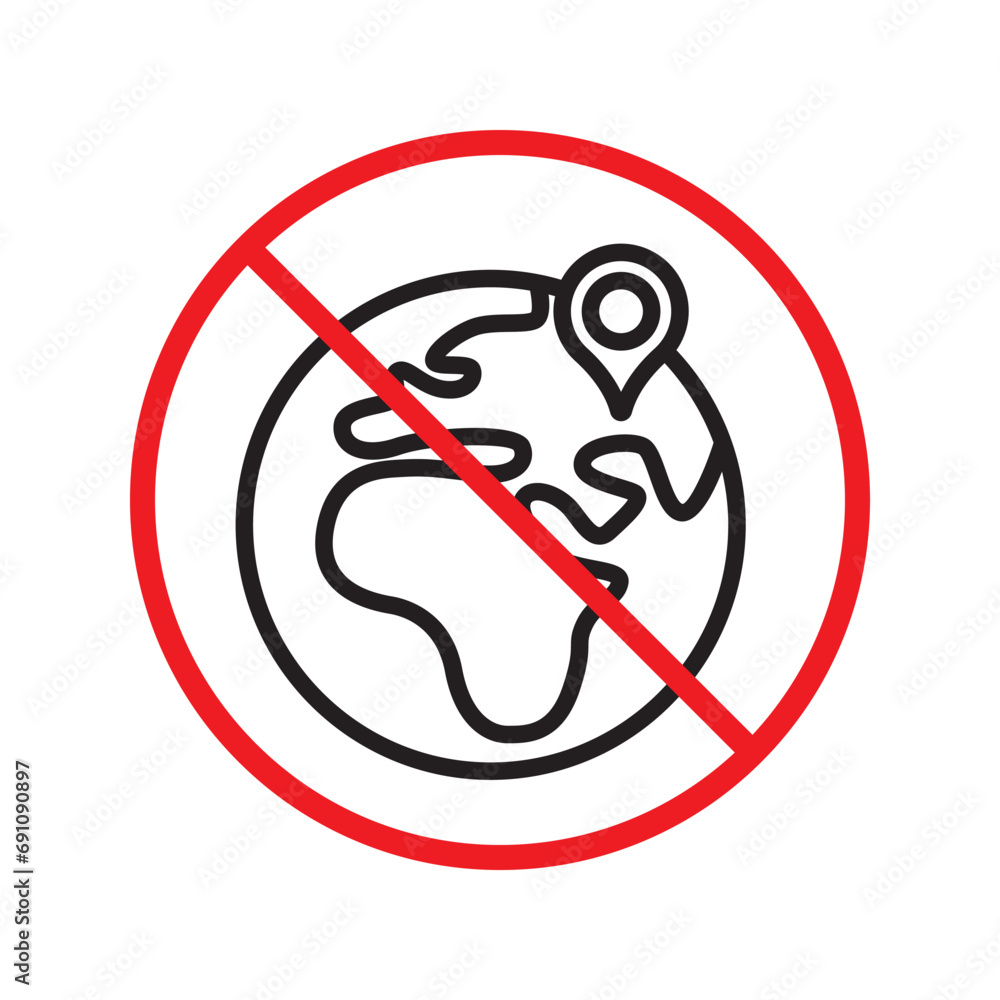Forbidden globe vector icon. Prohibited earth icon. No globe flat sign design. Warning, caution, attention, restriction, danger label ban earth symbol pictogram