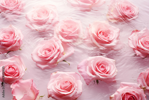 Pink Roses in Water on a White Background, Spa and Cosmetic Concept Background, Top view, Generative AI