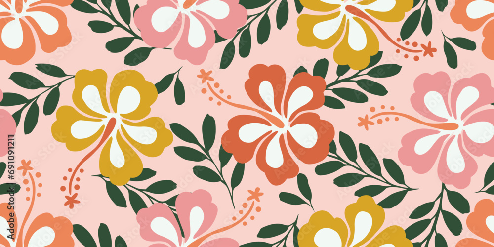 Tropical flower pattern seamless, silhouette of hibiscus flowers, hand drawn botanical, Floral leaf for spring and Summer time, natural ornaments for textile, fabric, wallpaper, background design. Tropical flower pattern seamless, silhouette of hibiscus flowers, hand drawn botanical, Floral leaf for spring and Summer time, natural ornaments for textile, fabric, wallpaper, background design.
