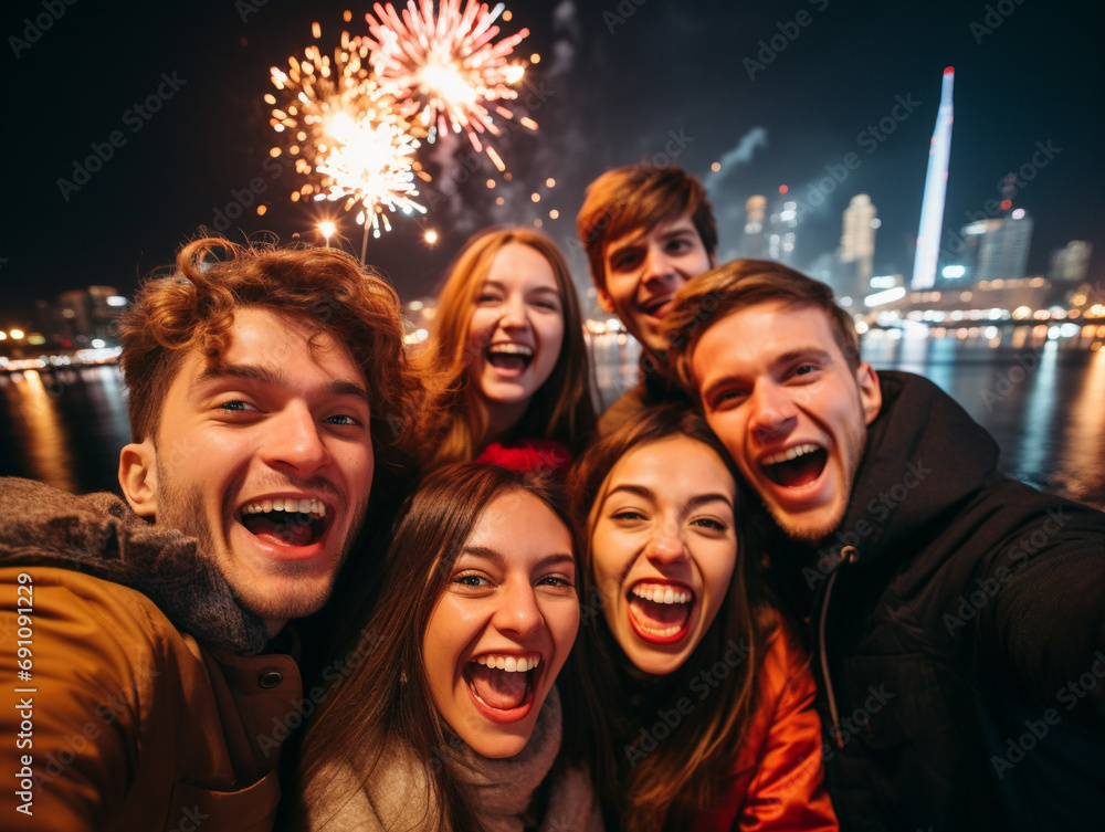 A group of friends posing together for a New Year's Eve group photo.