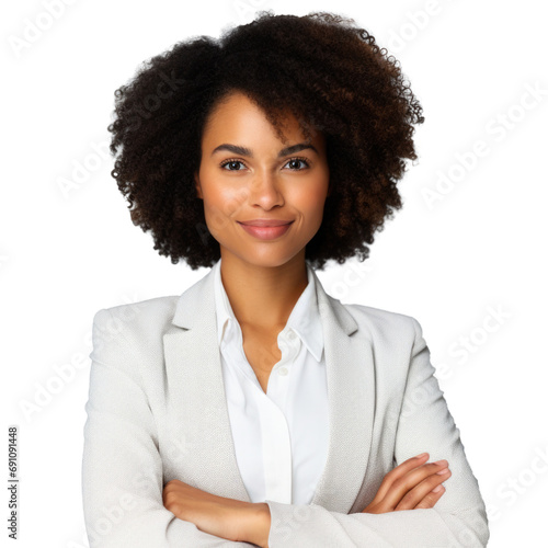 Portrait of confident black woman with crossed arms on her chest looking at camera. Smiling african american businesswoman isolated on transparent background.