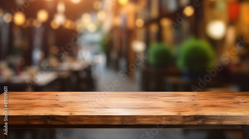 Cozy Wooden Table in a Vintage Cafe Interior - Warm Atmosphere for Relaxation and Stylish Coffee Enjoyment in a Retro Restaurant Setting with Rustic Decor. © Sunanta