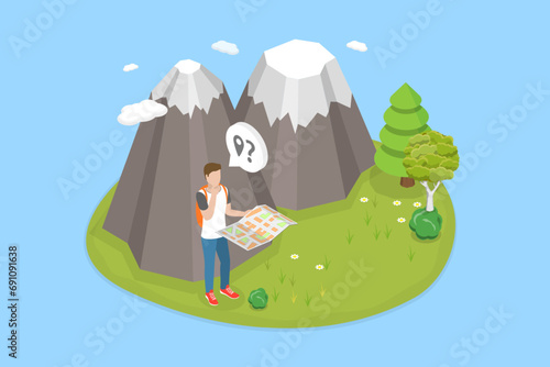 3D Isometric Flat Vector Illustration of Being Lost Outdoors, Dangerous Circumstances