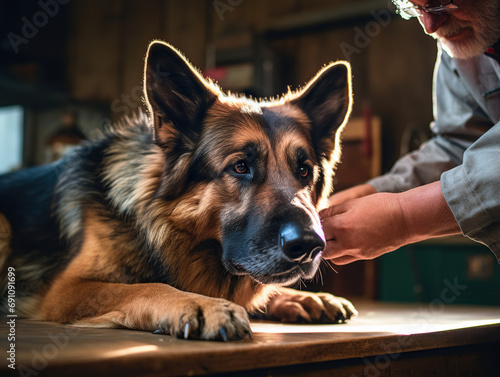 A veterinary doctor examines a large sheepdog lying on a table in a veterinary hospital.
