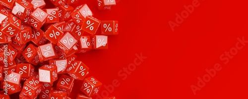 Heap of red cubes or dice with percent sign symbol border on red background, sale, discount or sales price reduction concept, flat lay top view from above photo
