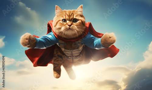 cute cat super hero jumping flying with blue sky background