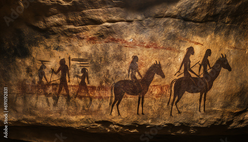 Fictitious recreation of rock paintings on a wall of a prehistoric cave